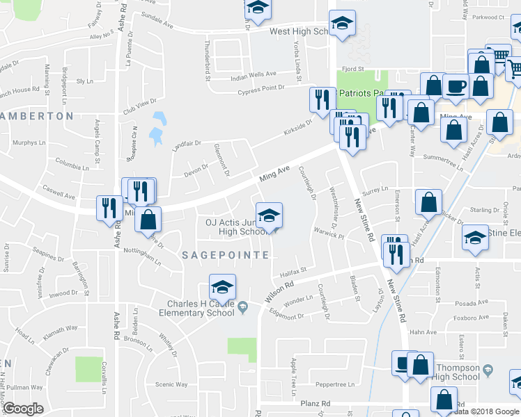 map of restaurants, bars, coffee shops, grocery stores, and more near 2105 Westholme Boulevard in Bakersfield