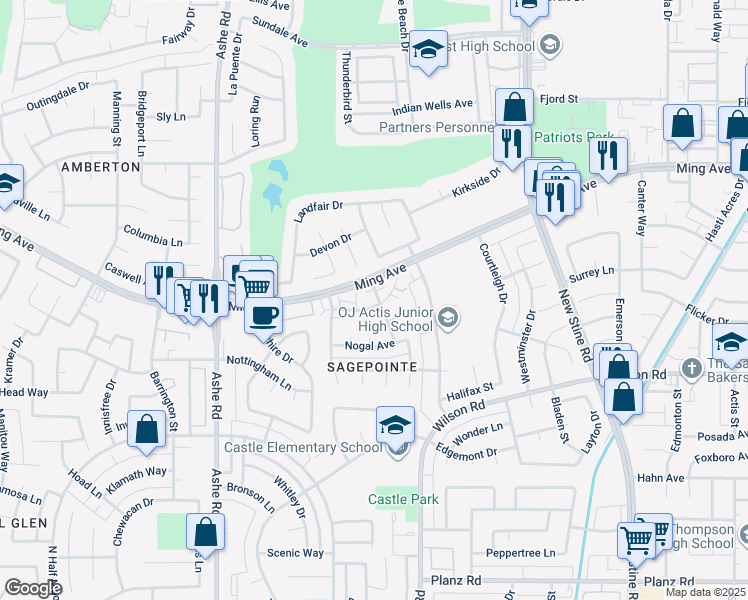 map of restaurants, bars, coffee shops, grocery stores, and more near 5901 Almendra Court in Bakersfield