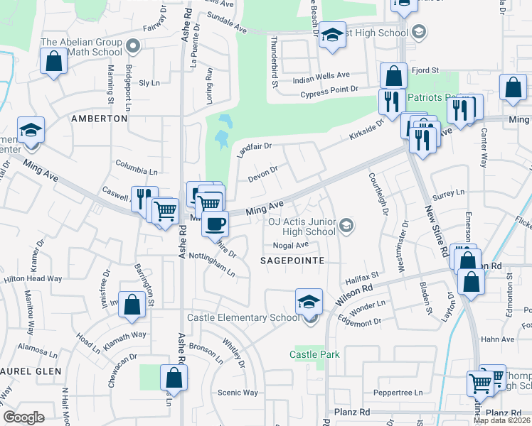 map of restaurants, bars, coffee shops, grocery stores, and more near 2112 Glendon Court in Bakersfield