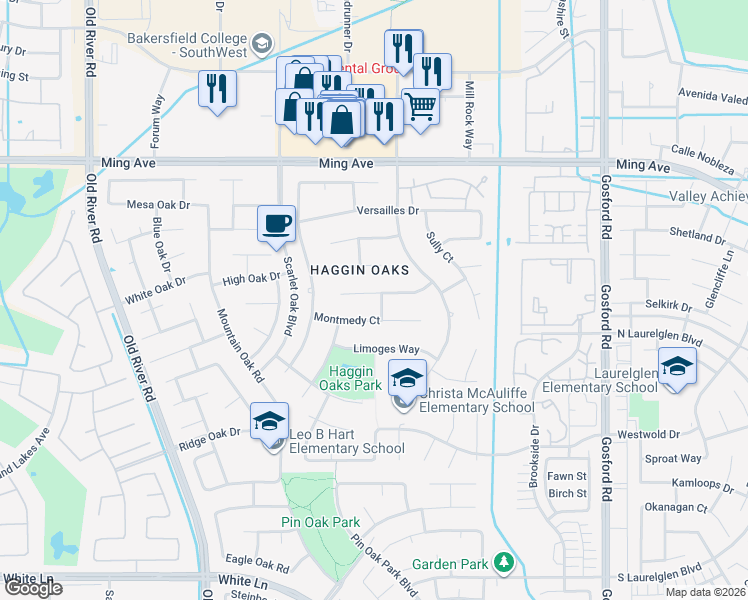 map of restaurants, bars, coffee shops, grocery stores, and more near 8904 Saint Cloud Lane in Bakersfield