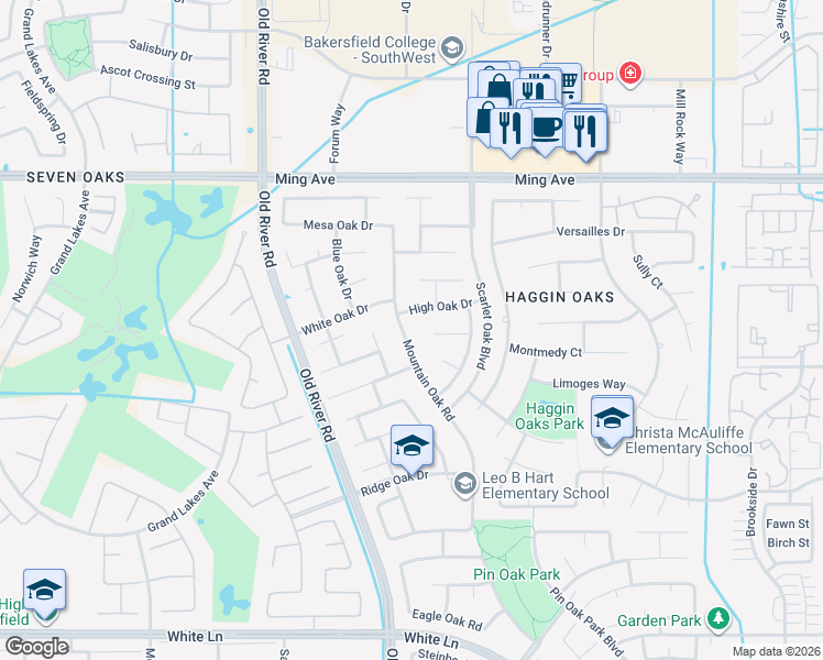 map of restaurants, bars, coffee shops, grocery stores, and more near 2104 Mountain Oak Road in Bakersfield
