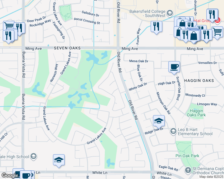 map of restaurants, bars, coffee shops, grocery stores, and more near 10111 Alyssum Court in Bakersfield