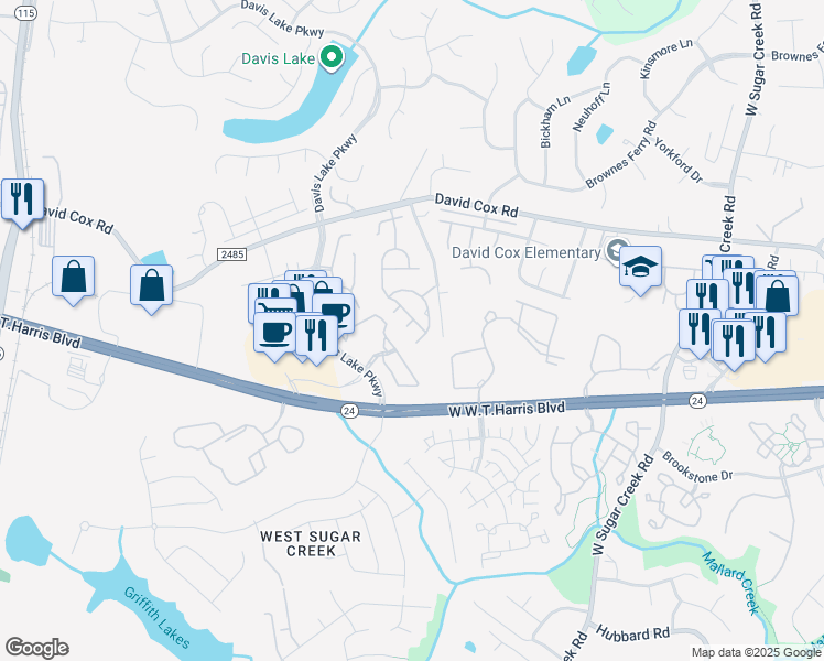 map of restaurants, bars, coffee shops, grocery stores, and more near 6212 Castleglen Court in Charlotte