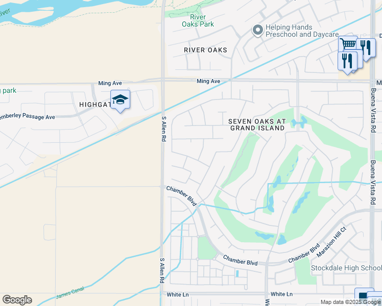 map of restaurants, bars, coffee shops, grocery stores, and more near 2205 Raleigh Court in Bakersfield