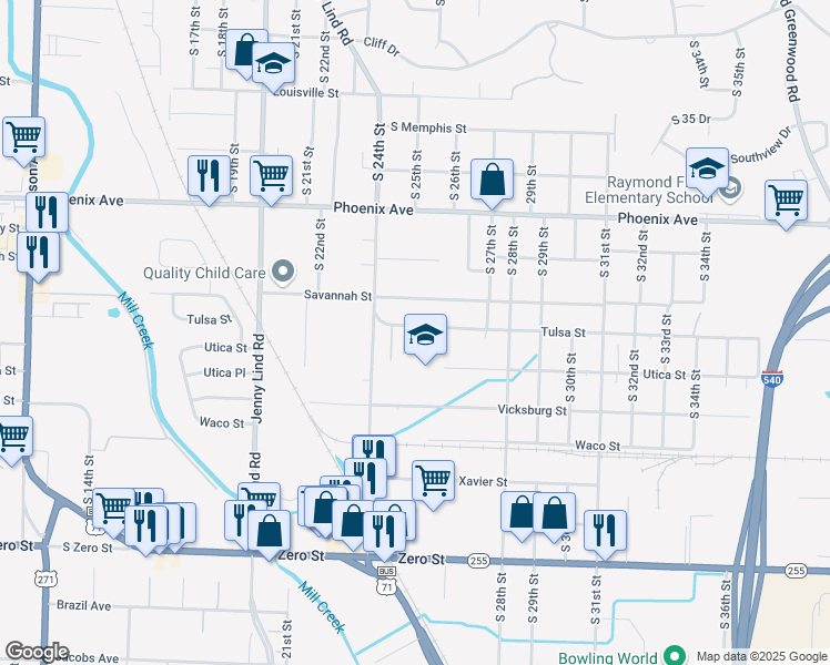 map of restaurants, bars, coffee shops, grocery stores, and more near 2510 Tulsa Street in Fort Smith