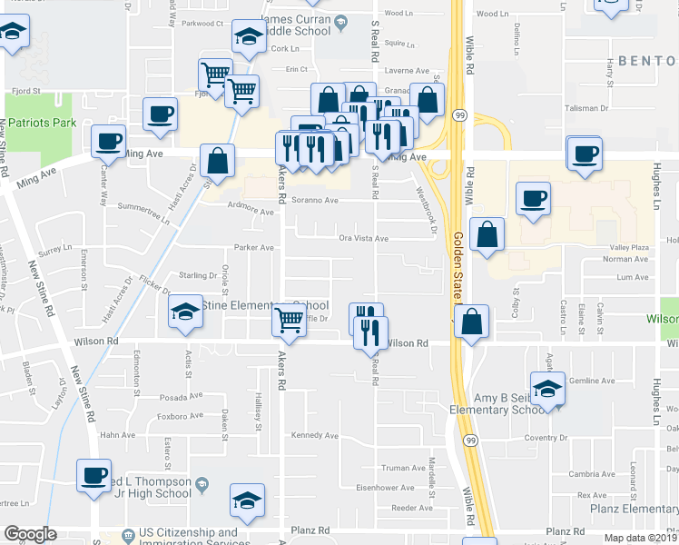 map of restaurants, bars, coffee shops, grocery stores, and more near 3714 Sechrest Avenue in Bakersfield