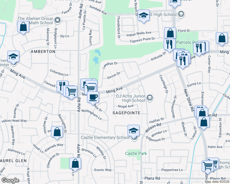 map of restaurants, bars, coffee shops, grocery stores, and more near 2112 Glendon Court in Bakersfield