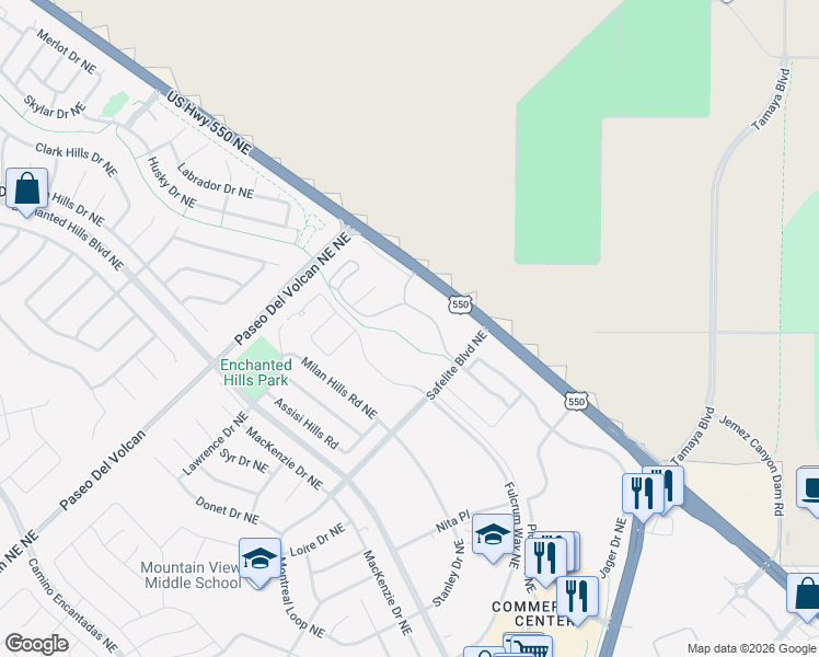 map of restaurants, bars, coffee shops, grocery stores, and more near 7780 Paseo 550 Drive Northeast in Rio Rancho