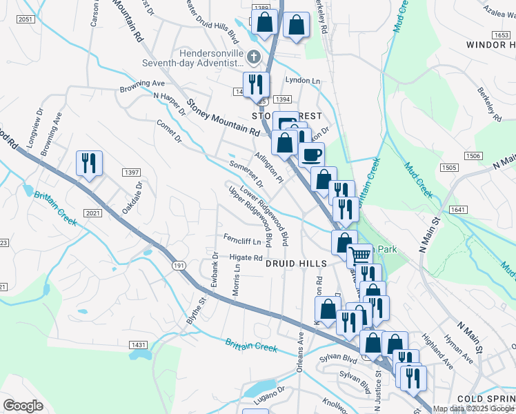 map of restaurants, bars, coffee shops, grocery stores, and more near 2006 Upper Ridgewood Boulevard in Hendersonville