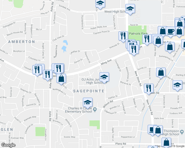 map of restaurants, bars, coffee shops, grocery stores, and more near 5908 Almendra Ct in Bakersfield