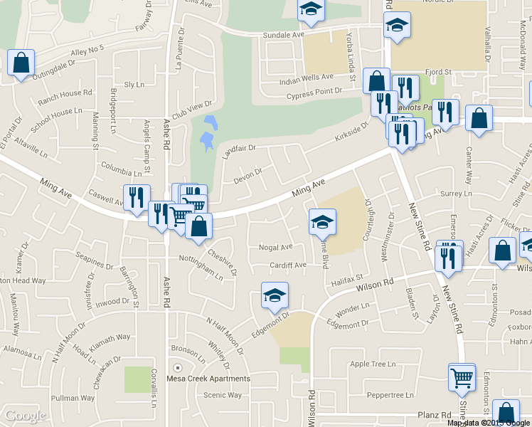 map of restaurants, bars, coffee shops, grocery stores, and more near 6021 Almendra Avenue in Bakersfield
