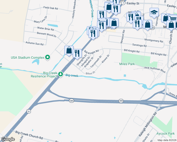 map of restaurants, bars, coffee shops, grocery stores, and more near 7666 Tecumseh Street in Millington
