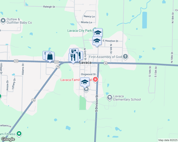 map of restaurants, bars, coffee shops, grocery stores, and more near 103 South Boone in Lavaca