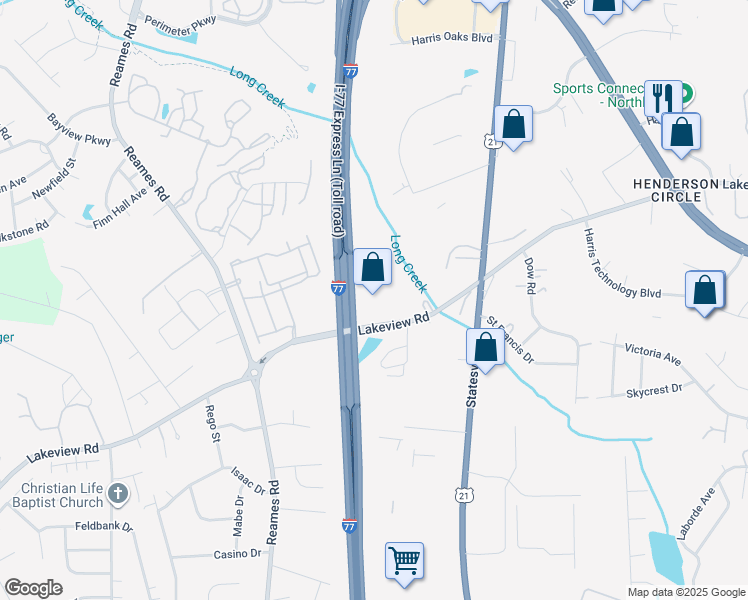 map of restaurants, bars, coffee shops, grocery stores, and more near 5521 Lakeview Road in Charlotte