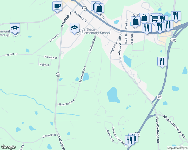map of restaurants, bars, coffee shops, grocery stores, and more near 707 Pinehurst Avenue in Carthage