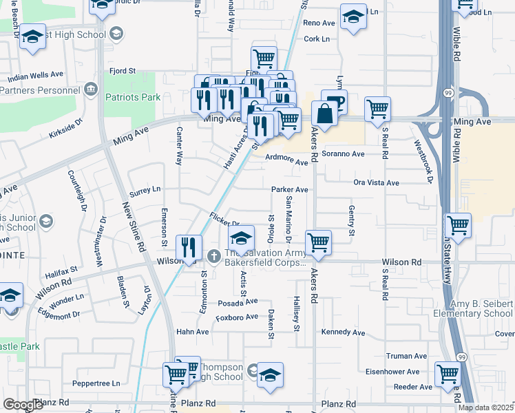 map of restaurants, bars, coffee shops, grocery stores, and more near 4343 Parker Avenue in Bakersfield