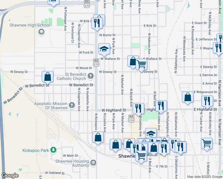 map of restaurants, bars, coffee shops, grocery stores, and more near 618 North Park Avenue in Shawnee