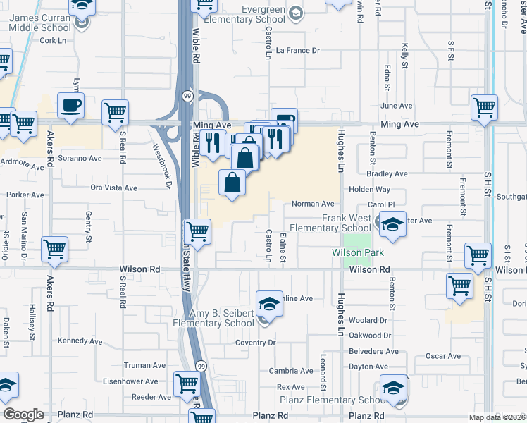 map of restaurants, bars, coffee shops, grocery stores, and more near 2117 Castro Lane in Bakersfield