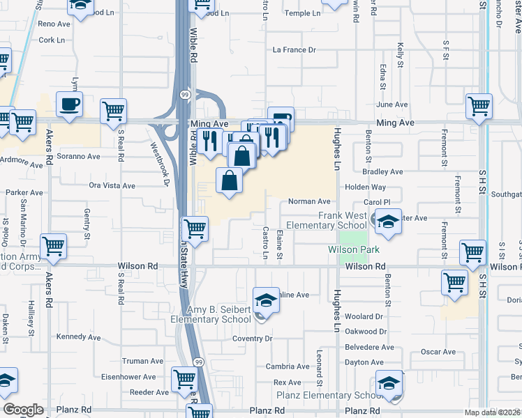 map of restaurants, bars, coffee shops, grocery stores, and more near 2912 Lum Avenue in Bakersfield
