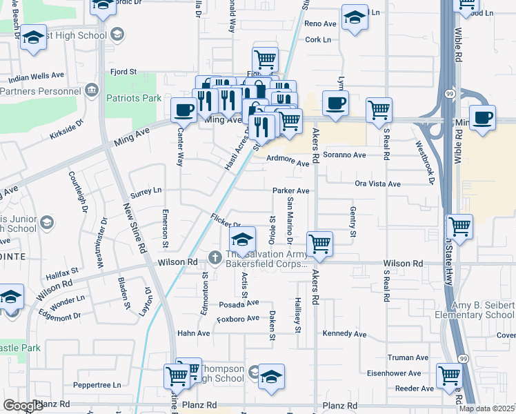 map of restaurants, bars, coffee shops, grocery stores, and more near 4343 Parker Avenue in Bakersfield