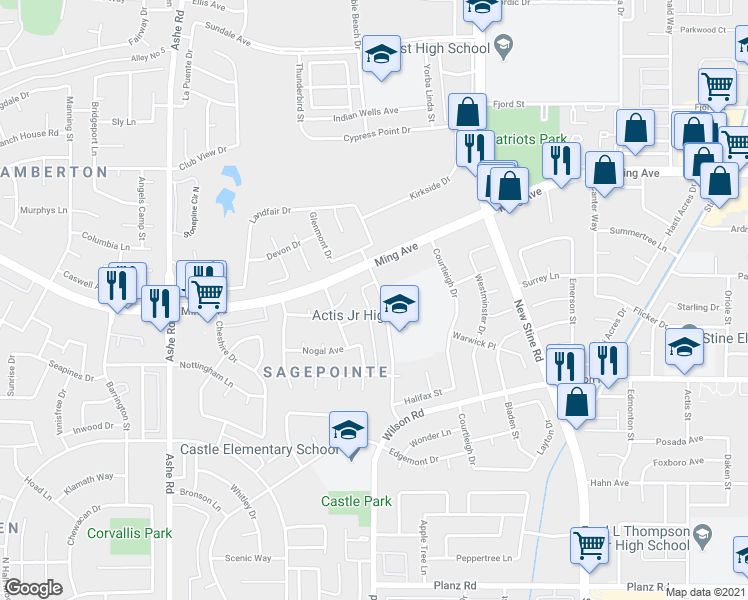 map of restaurants, bars, coffee shops, grocery stores, and more near 2105 Westholme Boulevard in Bakersfield