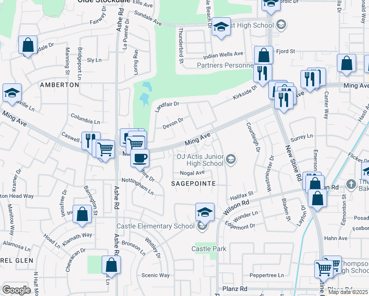 map of restaurants, bars, coffee shops, grocery stores, and more near 2021 Kinross Court in Bakersfield