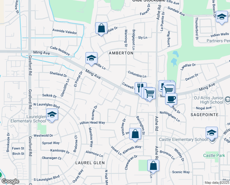 map of restaurants, bars, coffee shops, grocery stores, and more near 7107 Ming Avenue in Bakersfield