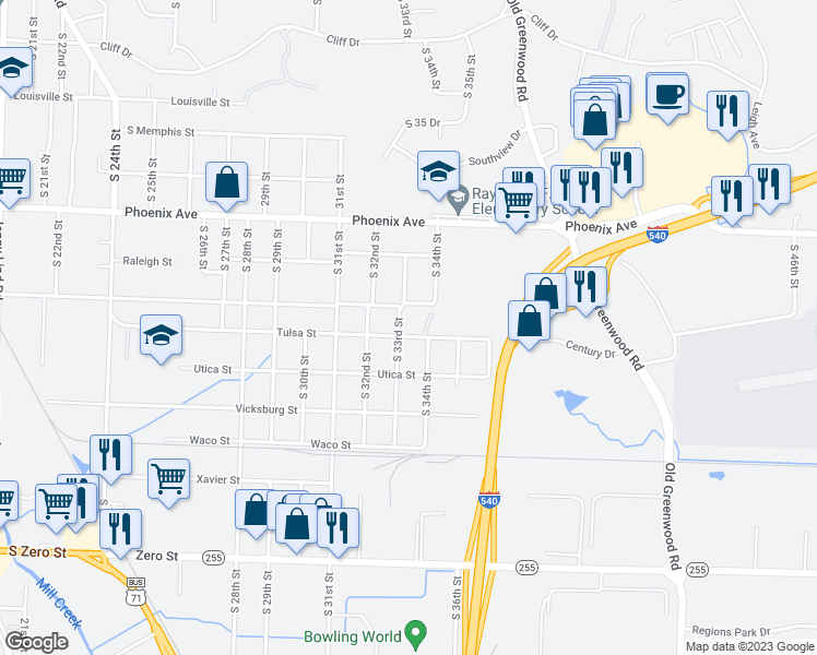 map of restaurants, bars, coffee shops, grocery stores, and more near 5005 South 33rd Street in Fort Smith