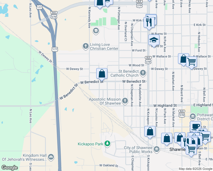 map of restaurants, bars, coffee shops, grocery stores, and more near 829 West Benedict Street in Shawnee