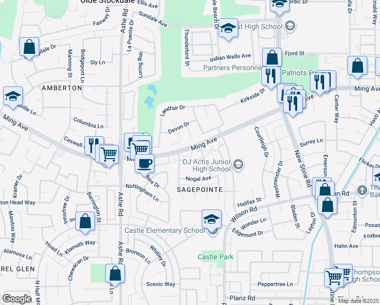 map of restaurants, bars, coffee shops, grocery stores, and more near 2021 Kinross Court in Bakersfield