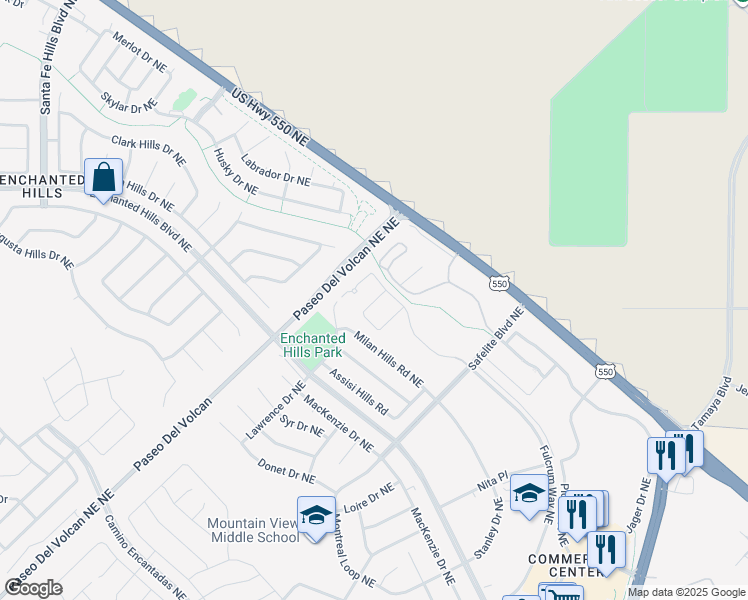 map of restaurants, bars, coffee shops, grocery stores, and more near 4600 Torino Hills Road Northeast in Rio Rancho