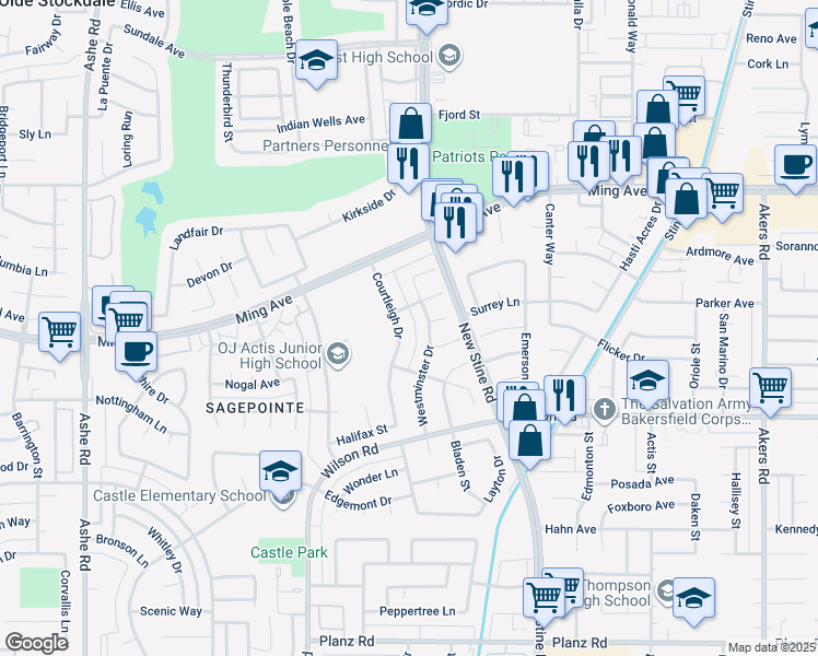 map of restaurants, bars, coffee shops, grocery stores, and more near 2108 Courtleigh Drive in Bakersfield