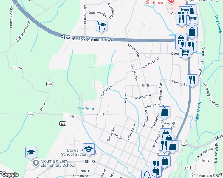 map of restaurants, bars, coffee shops, grocery stores, and more near 329 Thacker Lane in Etowah