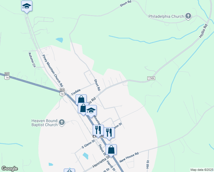 map of restaurants, bars, coffee shops, grocery stores, and more near 255 Hollis Road in Ellenboro