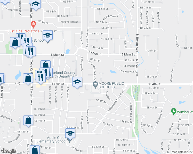 map of restaurants, bars, coffee shops, grocery stores, and more near 316 South Ramblin Oaks Drive in Moore