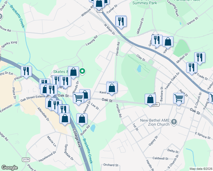 map of restaurants, bars, coffee shops, grocery stores, and more near 152 Edgewood Drive in Forest City