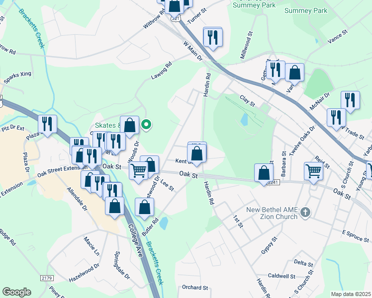 map of restaurants, bars, coffee shops, grocery stores, and more near 159 Edgewood Drive in Forest City