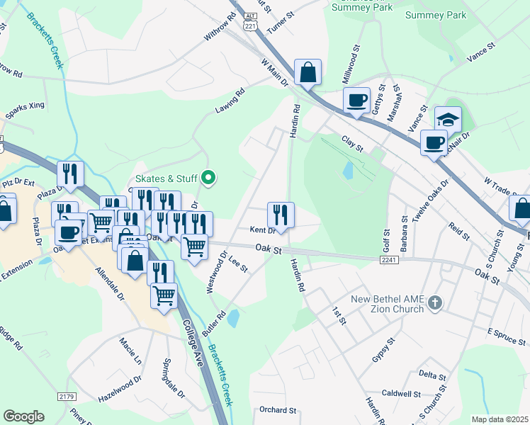 map of restaurants, bars, coffee shops, grocery stores, and more near 159 Edgewood Drive in Forest City