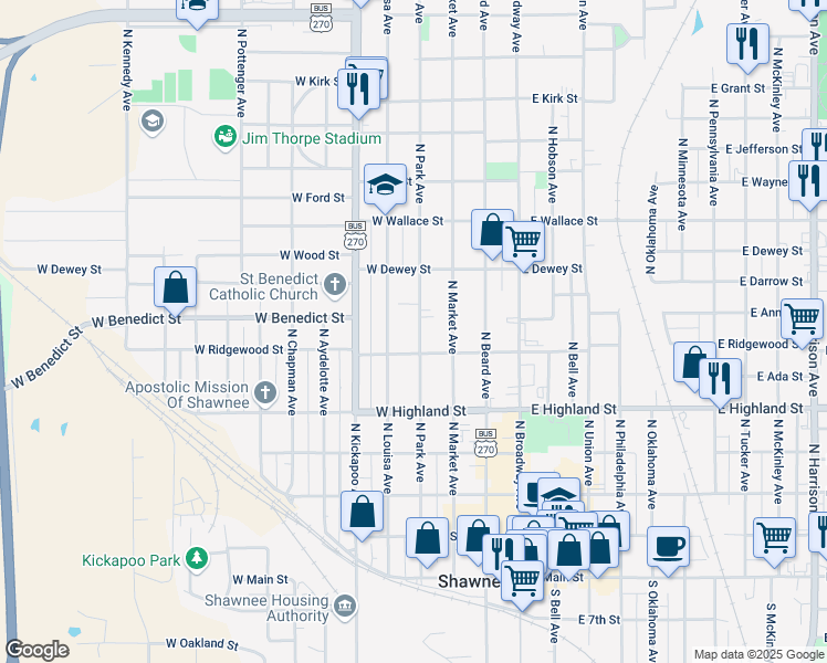 map of restaurants, bars, coffee shops, grocery stores, and more near 618 North Park Avenue in Shawnee