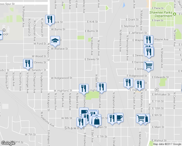 map of restaurants, bars, coffee shops, grocery stores, and more near 19 West Dexter in Shawnee