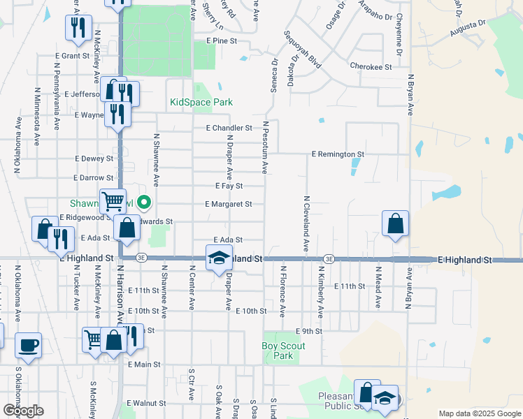 map of restaurants, bars, coffee shops, grocery stores, and more near 720 North Pesotum Avenue in Shawnee