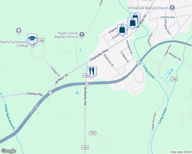 map of restaurants, bars, coffee shops, grocery stores, and more near 1540 North Carolina 27 in Albemarle