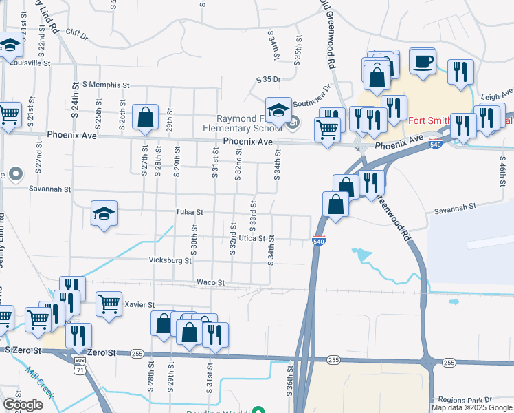 map of restaurants, bars, coffee shops, grocery stores, and more near 3317 Tulsa Street in Fort Smith