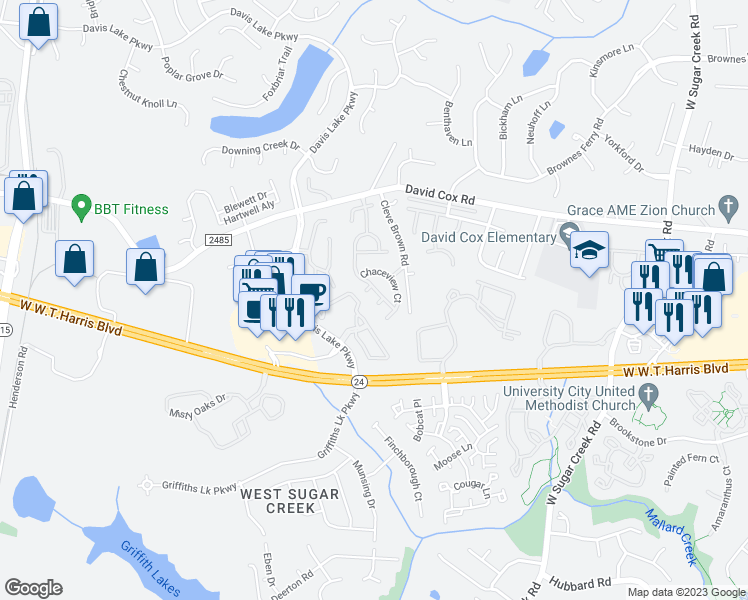 map of restaurants, bars, coffee shops, grocery stores, and more near 6209 Waverlyglen Court in Charlotte