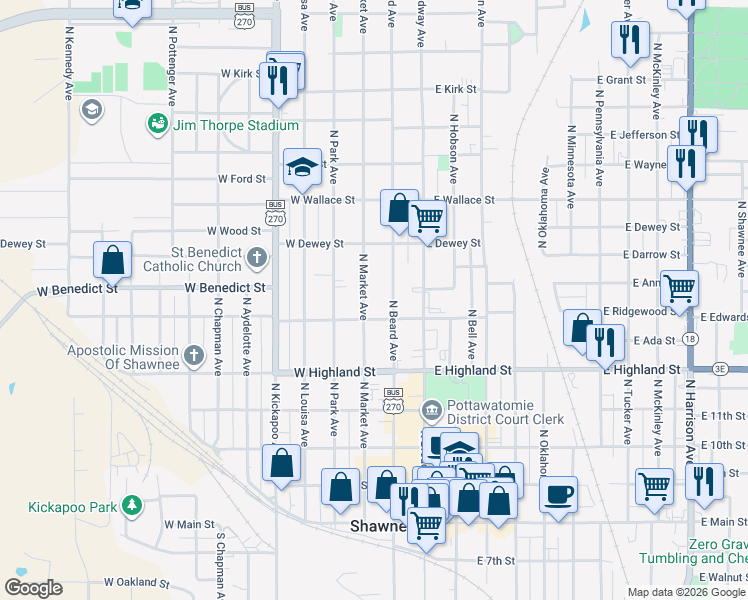 map of restaurants, bars, coffee shops, grocery stores, and more near 624 North Beard Avenue in Shawnee