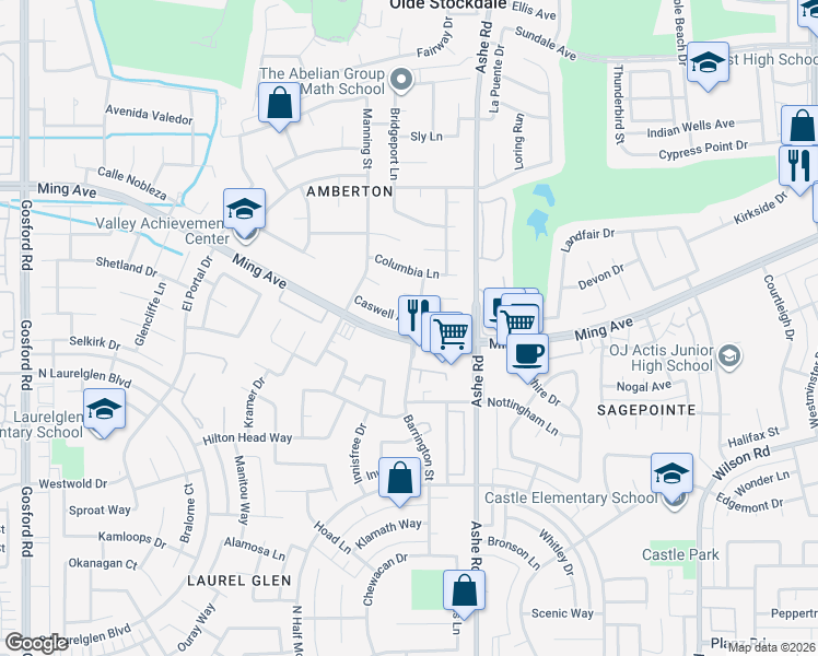 map of restaurants, bars, coffee shops, grocery stores, and more near 6709 Caswell Avenue in Bakersfield