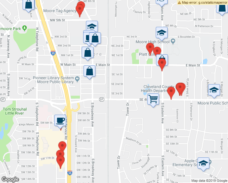 map of restaurants, bars, coffee shops, grocery stores, and more near 207 Southeast 3rd Street in Moore