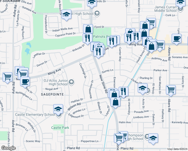 map of restaurants, bars, coffee shops, grocery stores, and more near 5312 Blake Court in Bakersfield