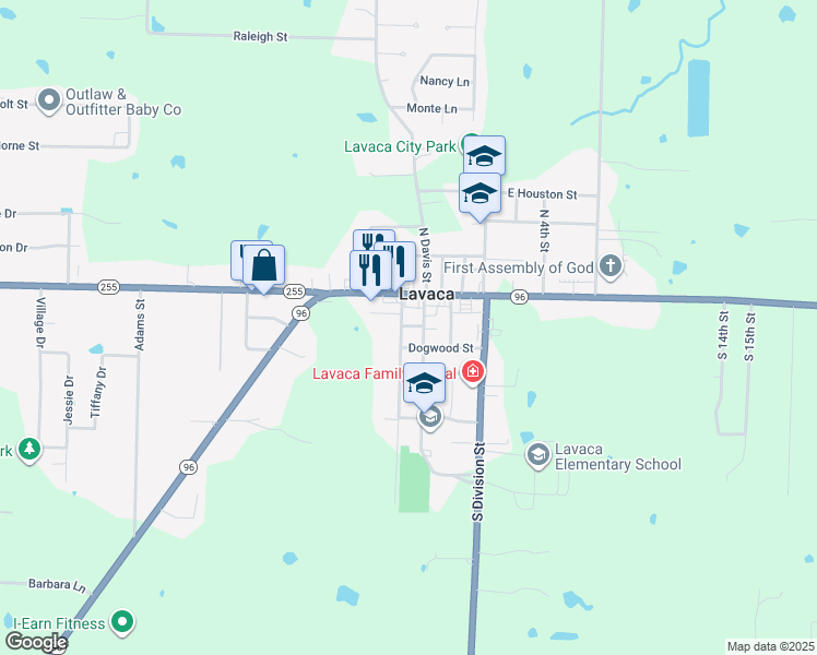 map of restaurants, bars, coffee shops, grocery stores, and more near 6 South Franklin Street in Lavaca