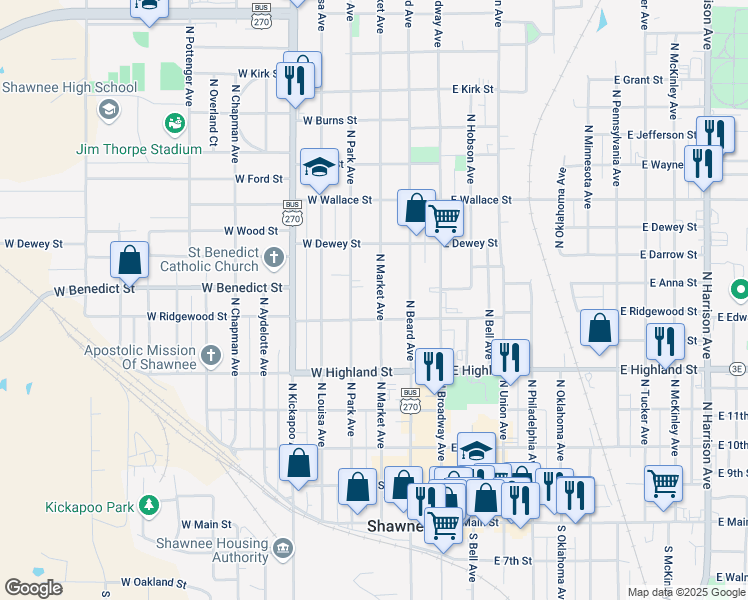 map of restaurants, bars, coffee shops, grocery stores, and more near 627 North Park Avenue in Shawnee